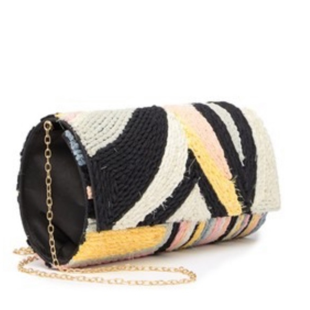 G Lish Woven Multicolor Cylinder Clutch with Chain Strap